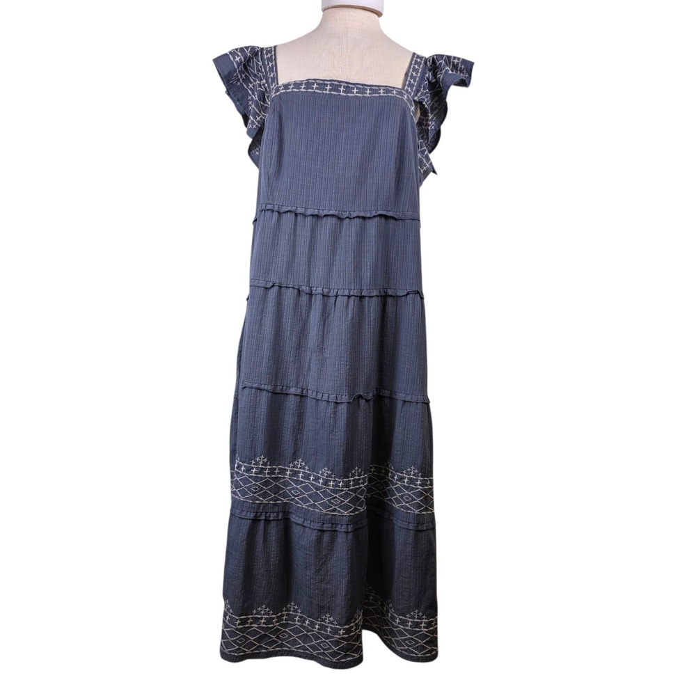 Knox Rose Embroidered Ruffle Tiered Maxi Dress Blue XL Bohemian Peasant Cottage